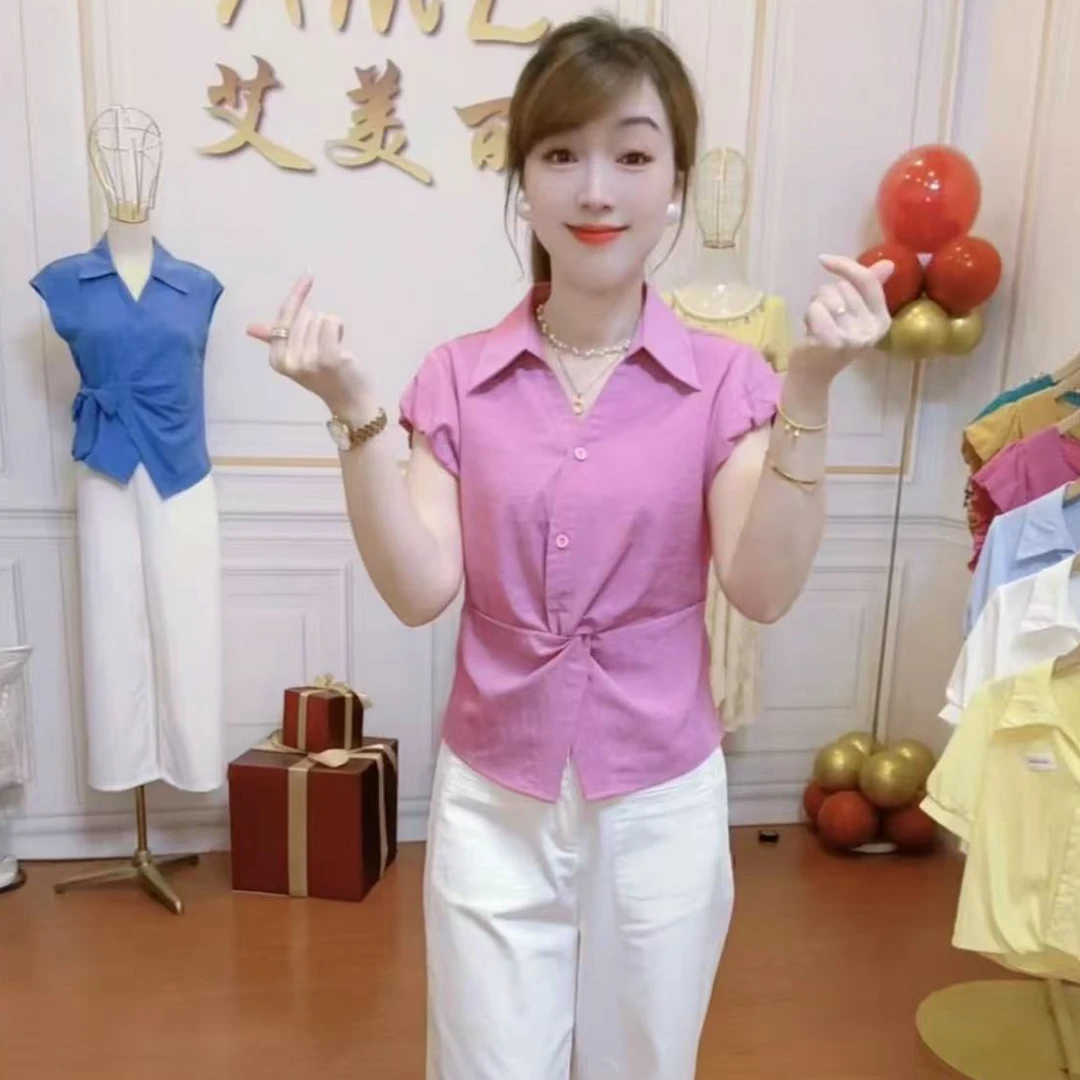 时尚气质衬衫女2025夏季新款洋气显瘦掐腰扭结收腰显瘦百搭上衣潮