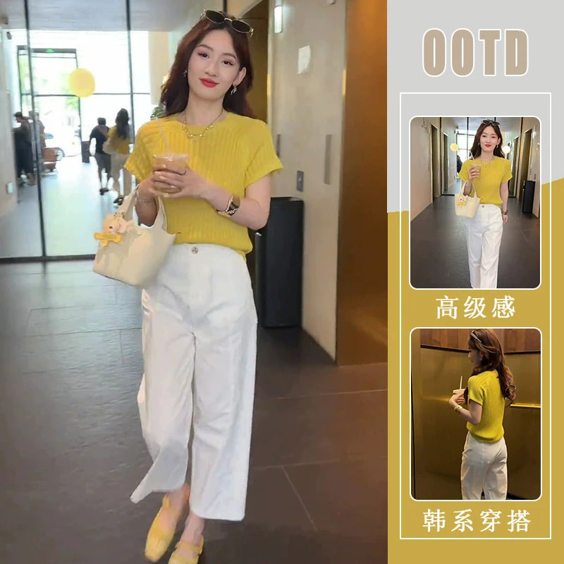 夏季新款设计感时尚短袖针织上衣宽松休闲裤高级小众不撞款套装女