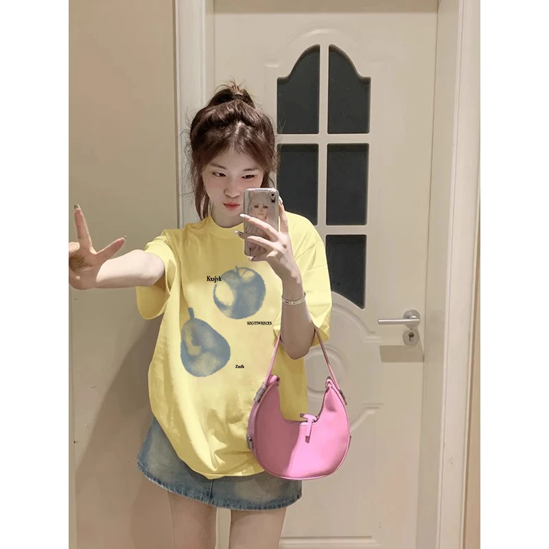 2025新款卡通圆领短袖T恤女夏季半袖韩版宽松百搭小众纯棉上衣