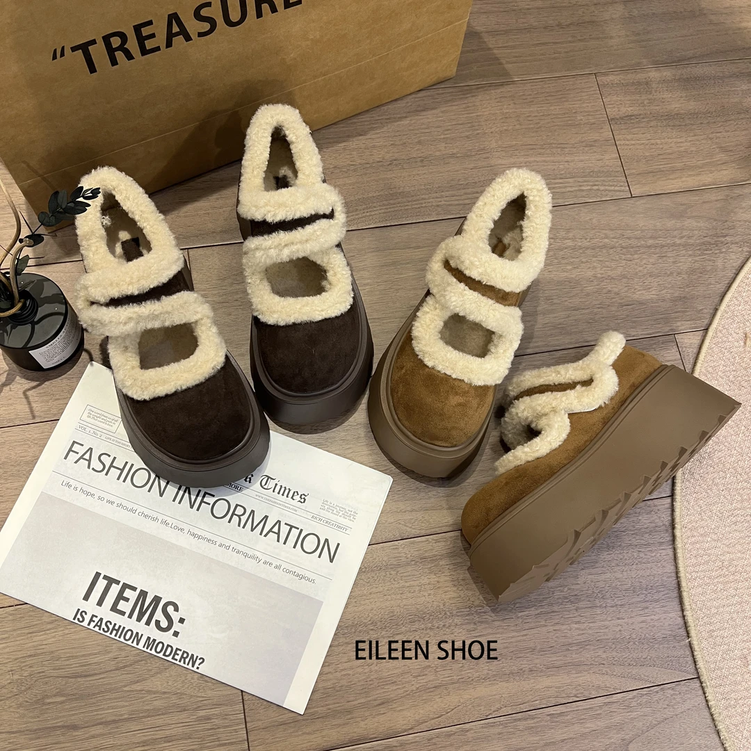 AQ-玛丽珍勃肯鞋女加绒保暖浅口单鞋2024秋冬新款厚底增高松糕鞋