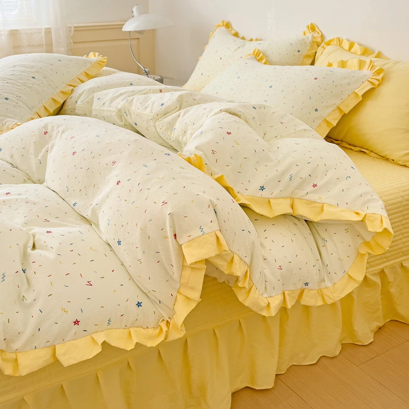 水星家纺适用韩式小清新印花云感双层纱床盖四件套被套床品公主风