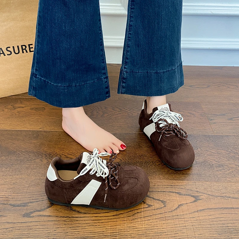 丑萌大头绒面红色内增高德训鞋女2025新款设计感双系带百搭休闲鞋