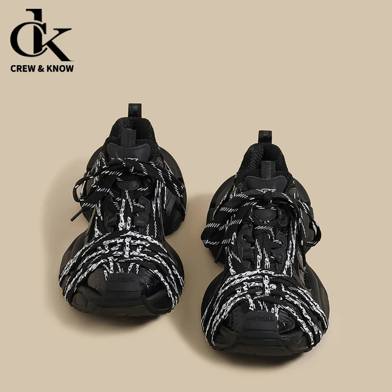 【CREW KNOW轻奢正品】2025秋冬爆款绑带老爹鞋女做旧厚底增高运动