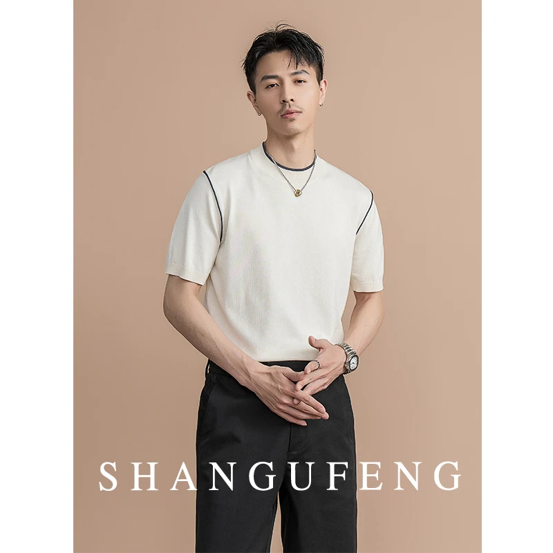 SAHNGUFENG夏季时尚拼色圆领针织T恤男士舒适凉感半袖体恤男上衣