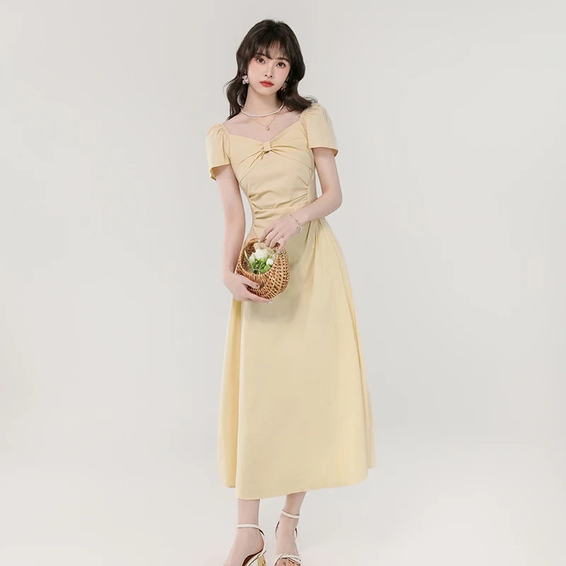 实拍2025夏季新款韩版甜美减龄V领蝴蝶结弹力收腰显瘦长款连衣裙
