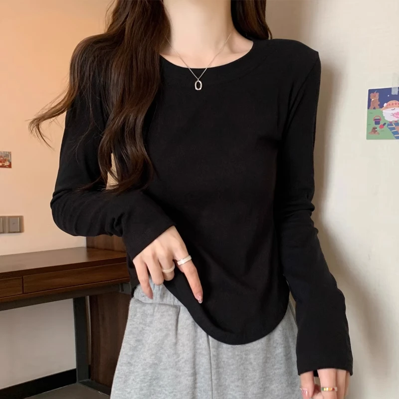 白色t恤女长袖棉质春秋新款韩版修身不规则打底衫短款潮显瘦休闲