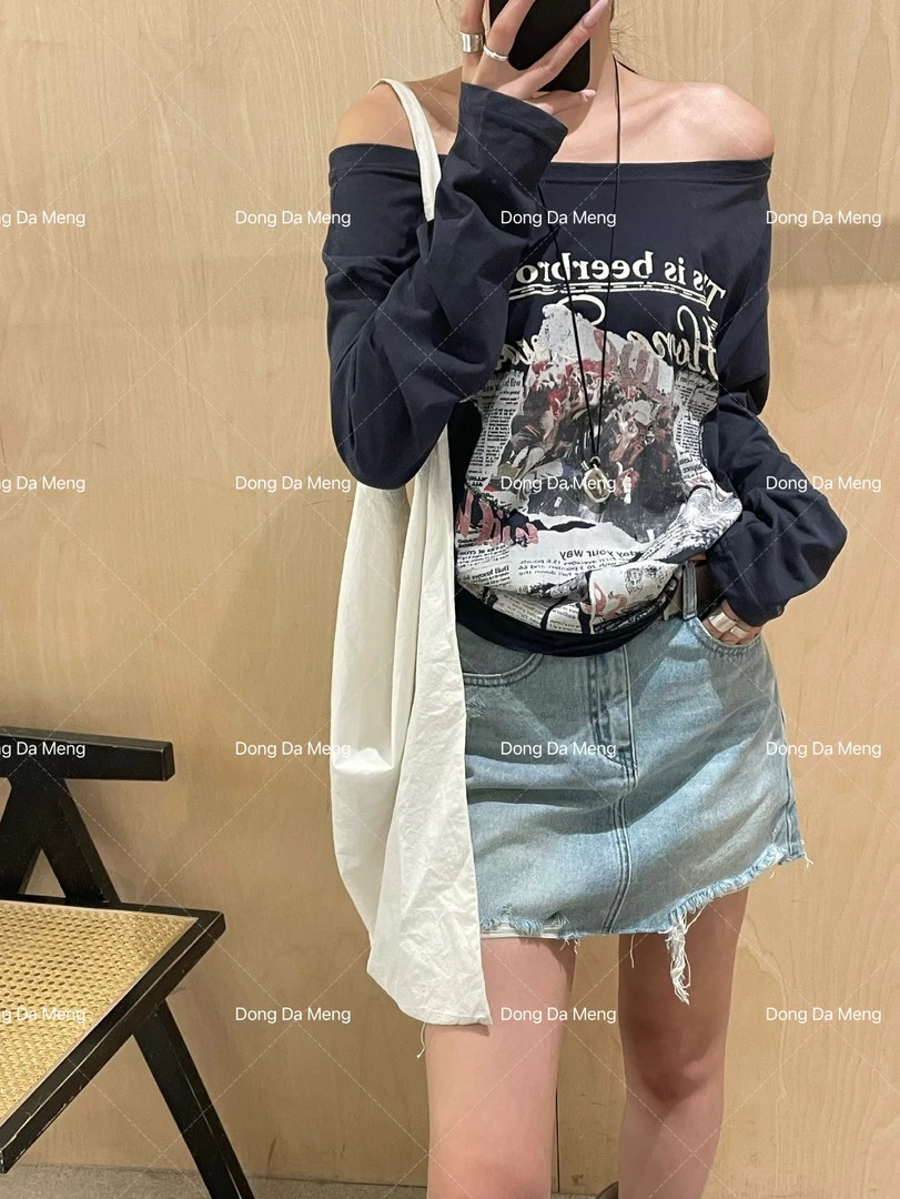 1209设计感斜肩宽松显瘦慵懒风图案报纸印花T桖