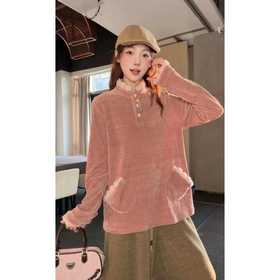 VGVL上衣冬季加厚新款百搭设计感小半高领口袋衬衫女