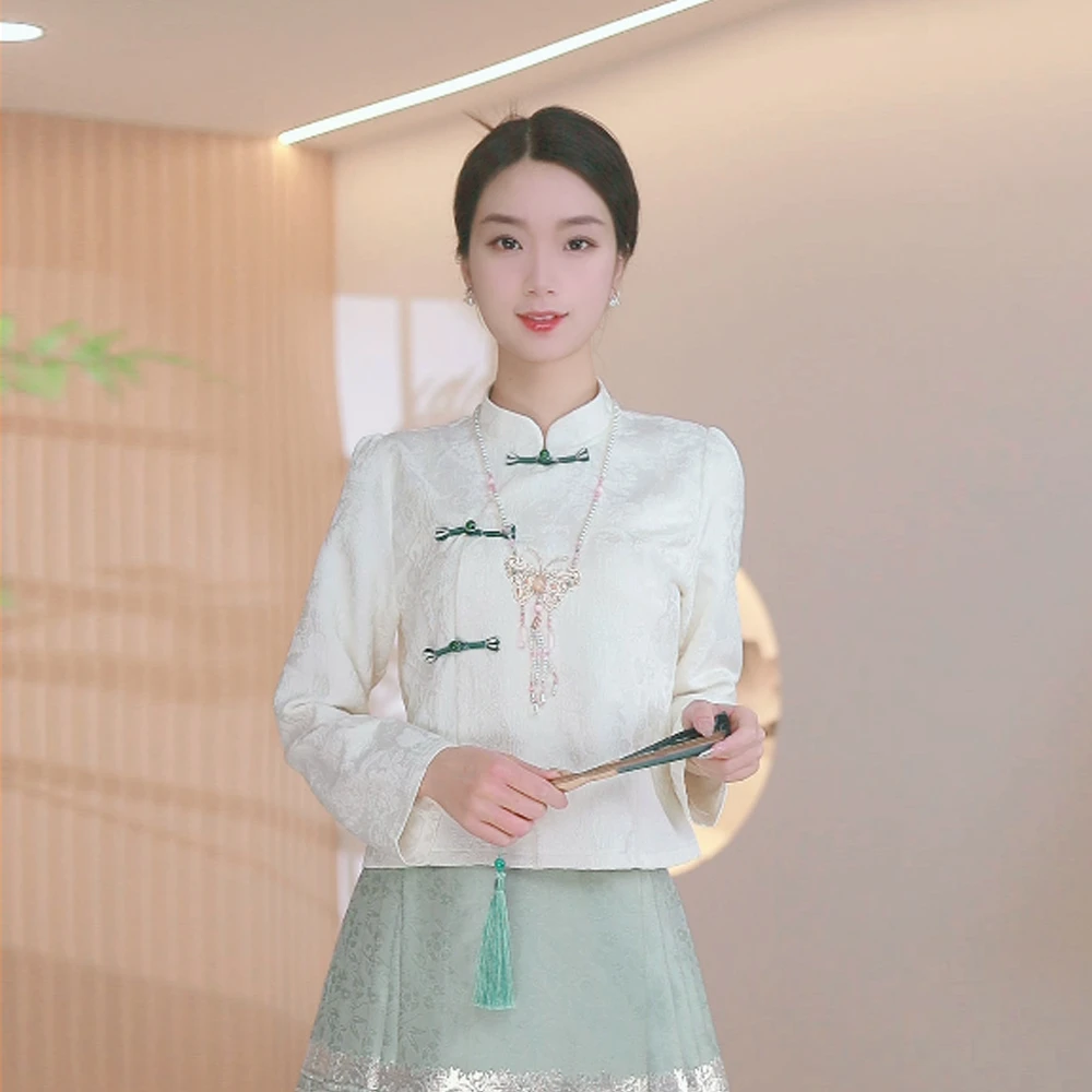 苏白2025夏季新款新中式国风百搭上衣中式小立领衬衫开衫 灵清