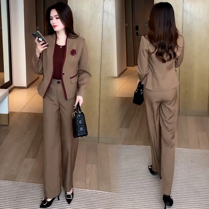 时尚套装女2025秋季新款洋气质显瘦减龄长袖外套阔腿裤休闲三件套