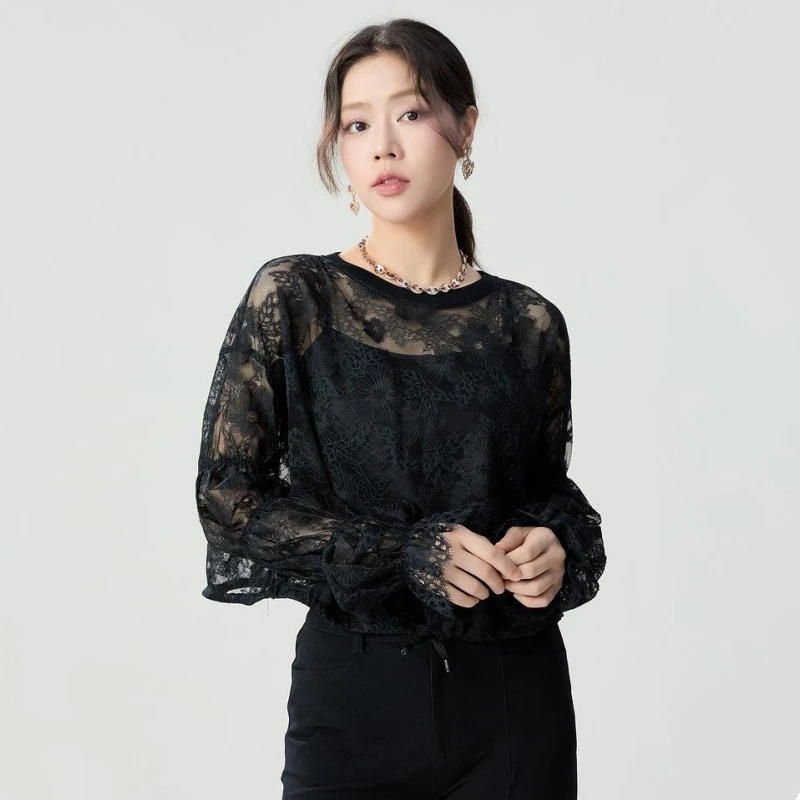 商场专柜女装春秋新款竹节袖透视蕾丝长袖衬衫上衣1300972
