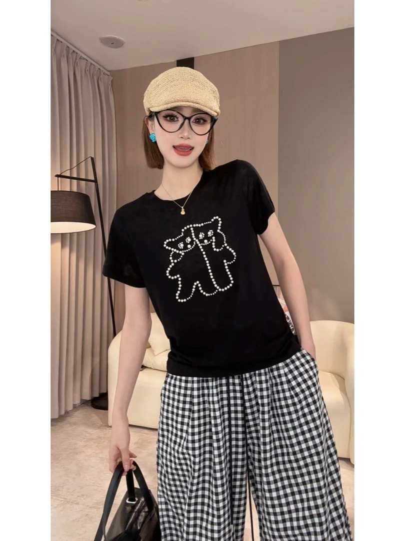 zz · 甜心小熊钉珠设计感宽松天丝短袖女百搭减龄小众t恤女281