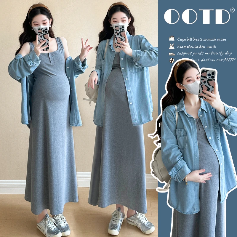 【苏安诺】孕妇装春秋款时尚减龄牛仔衬衫+韩版背心连衣裙两件套