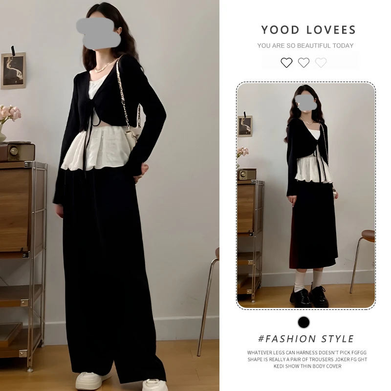 通勤套装假两件蕾丝上衣半裙裤子两件套设计感春秋减龄穿搭一整套