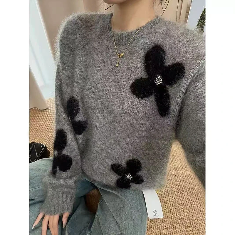 黑色四叶花」高定！花朵提花钉珠花蕊高级感减龄长袖套头毛衣-5506