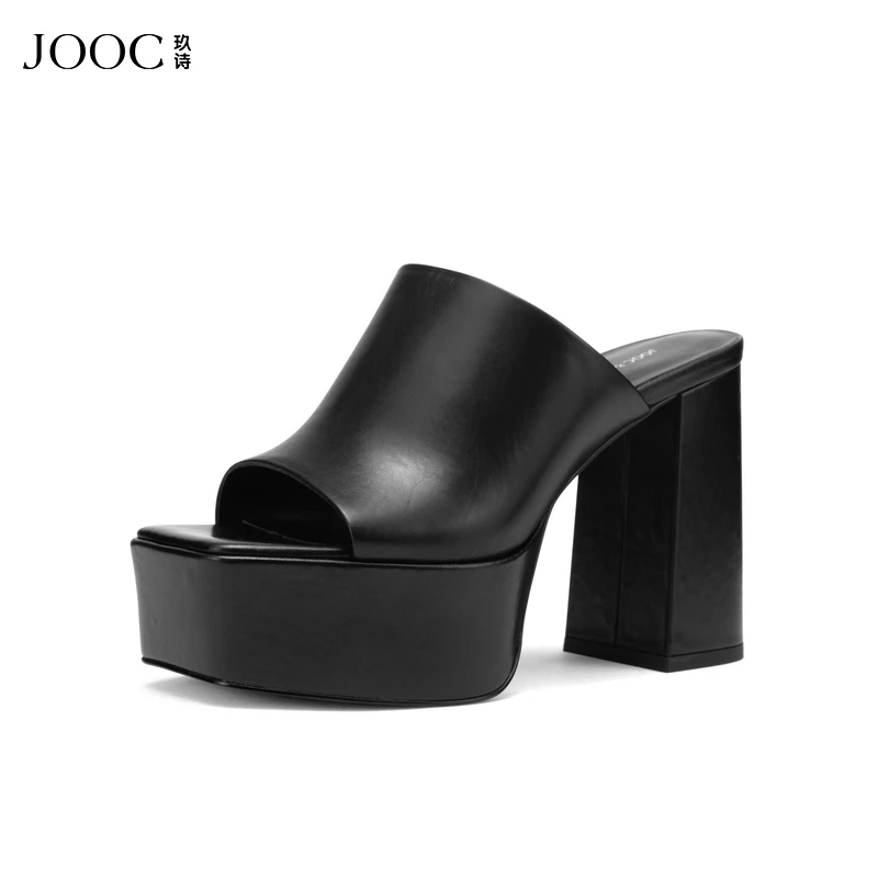 【时髦御姐】JOOC玖黑色粗跟拖鞋女2025夏季新款外穿气质简约凉拖