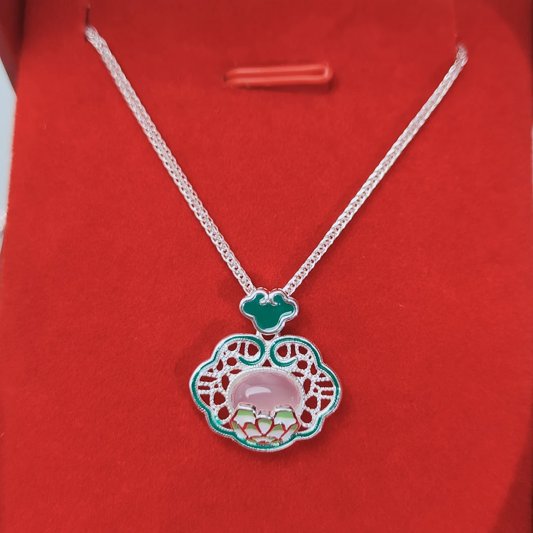 坠链均足银 足银祥云如意锁珐琅彩绿色如意吊坠女生百搭项链宝宝