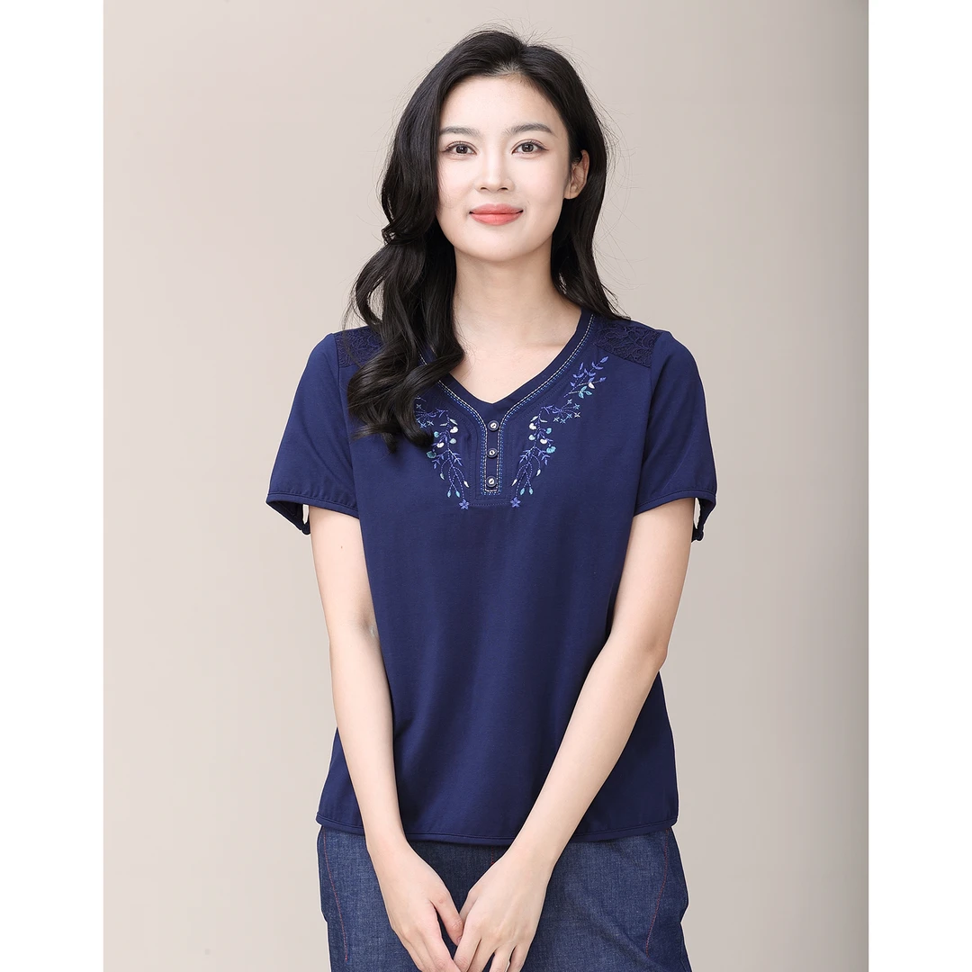 重工刺绣妈妈装棉短袖T恤中老年女装夏季棉体恤衬衣宽松大码