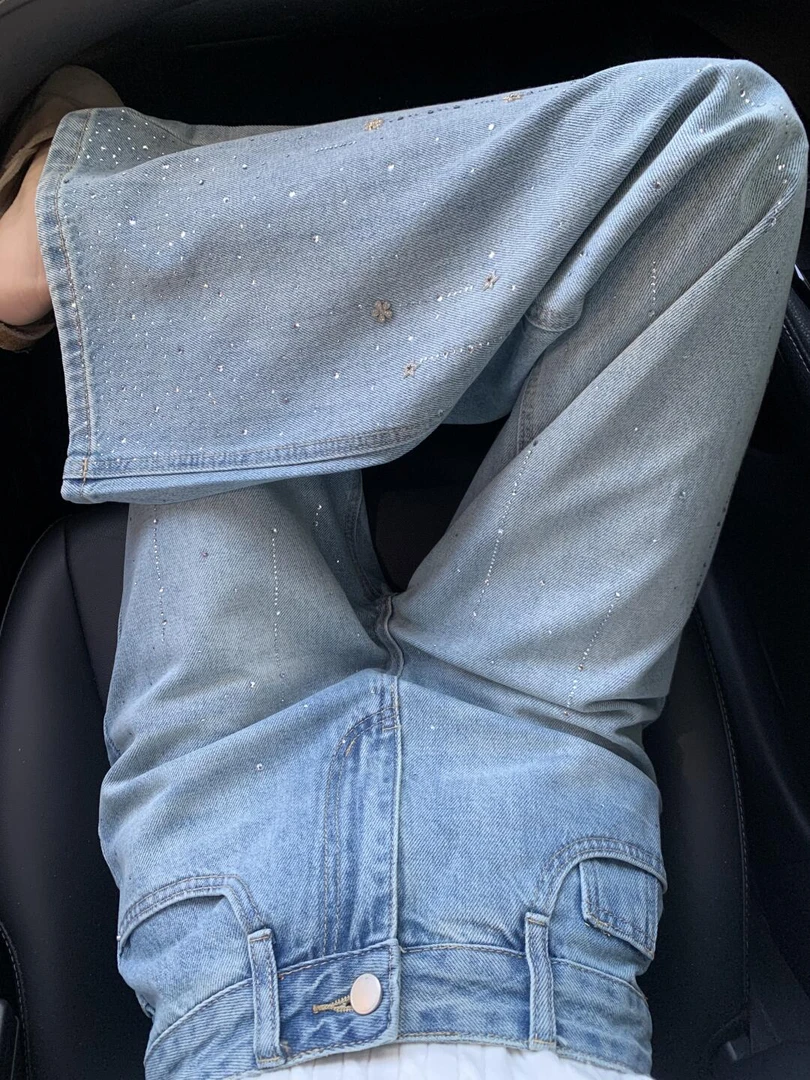 复古浅蓝色烫钻直筒牛仔裤女春秋时尚宽松窄版高腰阔腿裤子闪钻