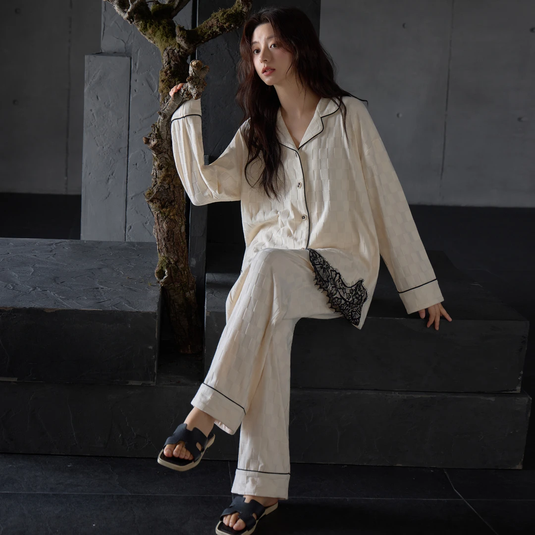 纯色格子睡衣女士薄款秋季纯棉长袖翻领家居服秋冬套装蕾丝可外穿