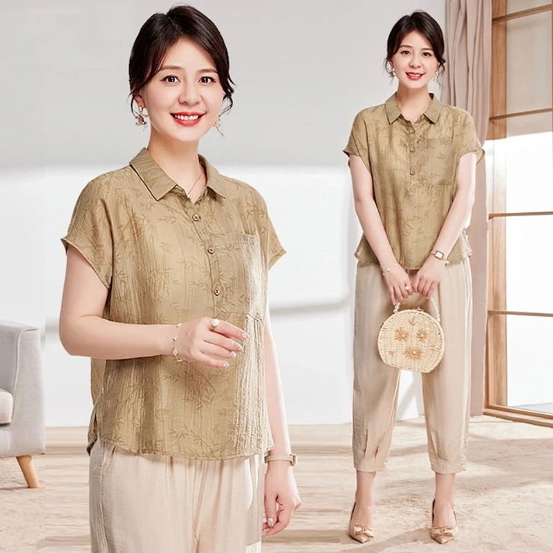 妈妈夏装棉麻套装女士2025夏季新款短袖两件套50岁中老年休闲T恤