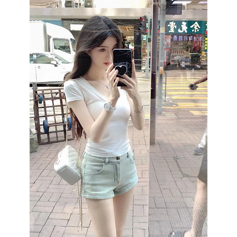 美式复古纯欲辣妹白色v领短袖t恤女夏季简约慵懒风修身百搭上衣
