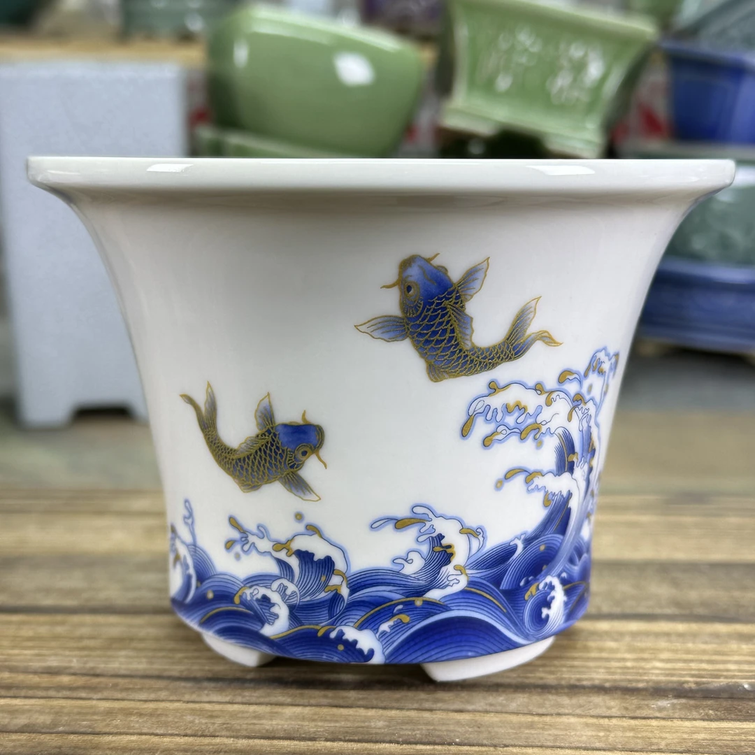 【直播浮力832】13*9花盆斗笠大号锦鲤跃龙门高端三足圆形精品高档