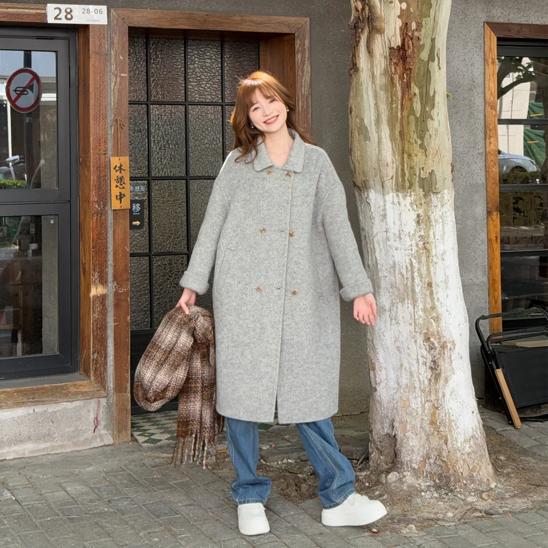 25905 法式高级感气质赫本风简约百搭双排扣中长款宽松羊毛大衣