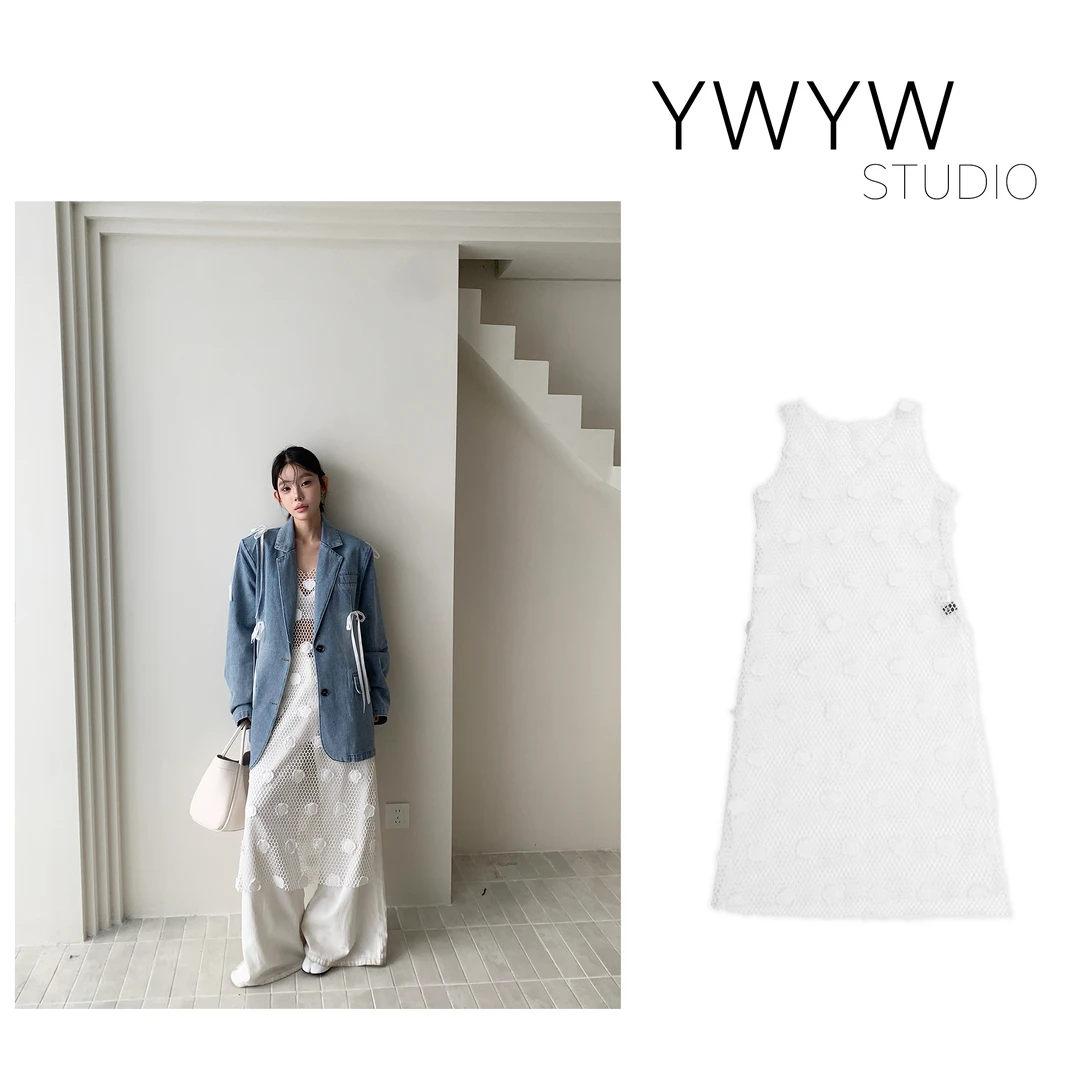 【YWYW25SS/S】春季V领刺绣花镂空气质显瘦过膝吊带连衣裙3866