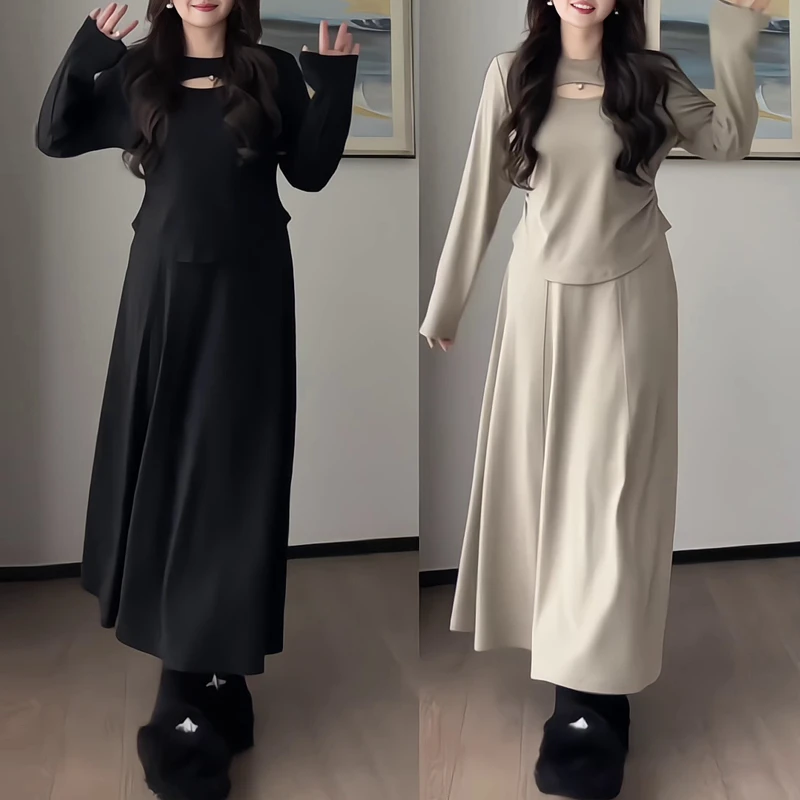 2025初秋新款极简风休闲风INS风时尚套装裙子法式圆领miu系大小姐