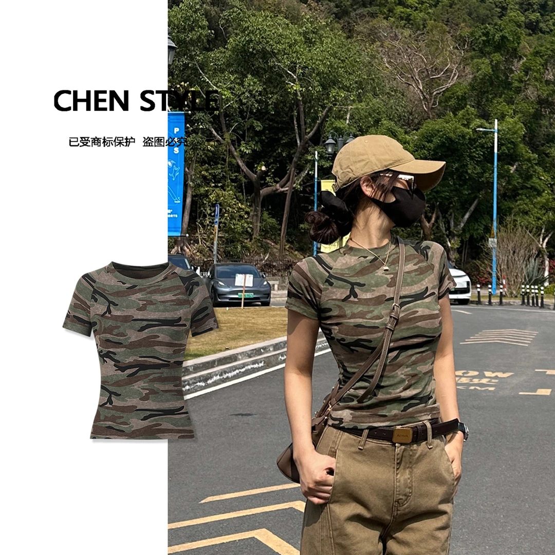 楚楚君【迷彩T】夏日T恤圆领迷彩插肩袖短袖T恤T41320
