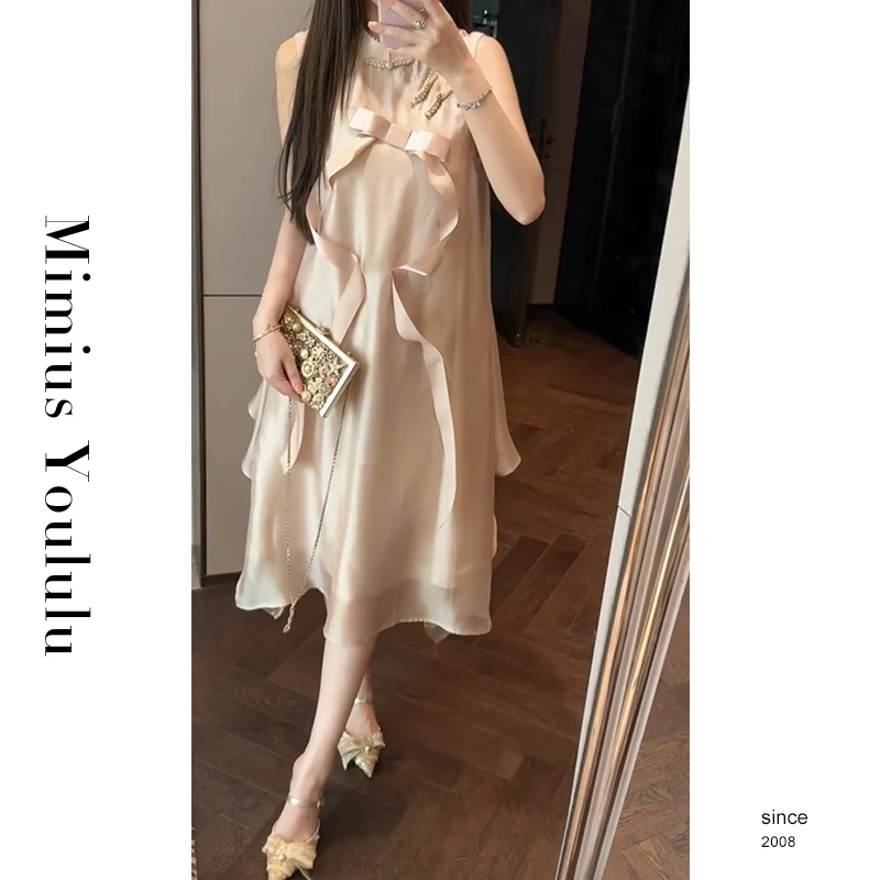 【mimius】&喵喵 气质甜美大蝴蝶结新中式挂脖连衣裙 G02262
