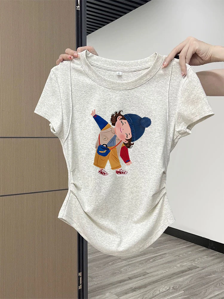 纯色t恤女褶皱设计感正肩夏季新款收腰弧形下摆修身短袖遮肉上衣