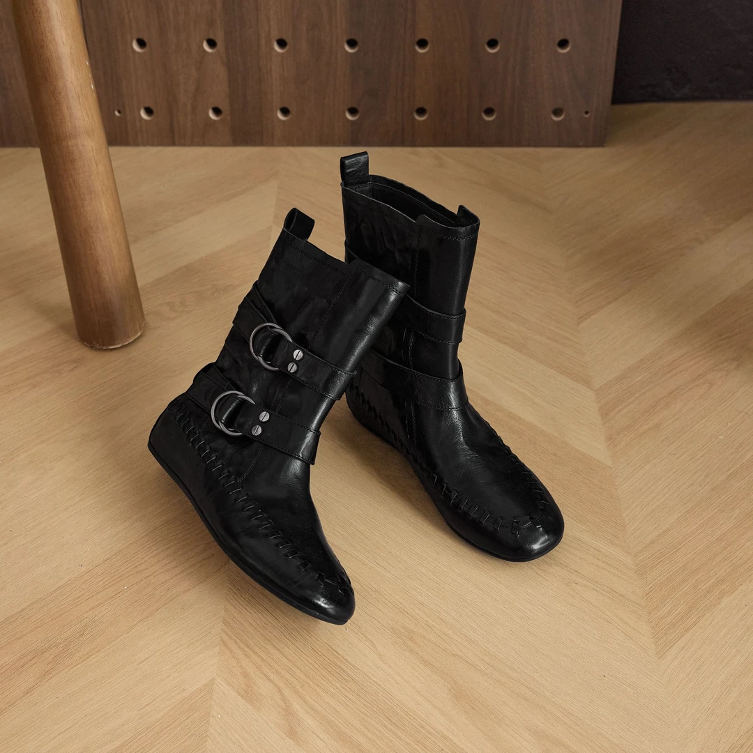 2025早秋新款高级感手工编织皮带扣套筒舒适短靴女G2551