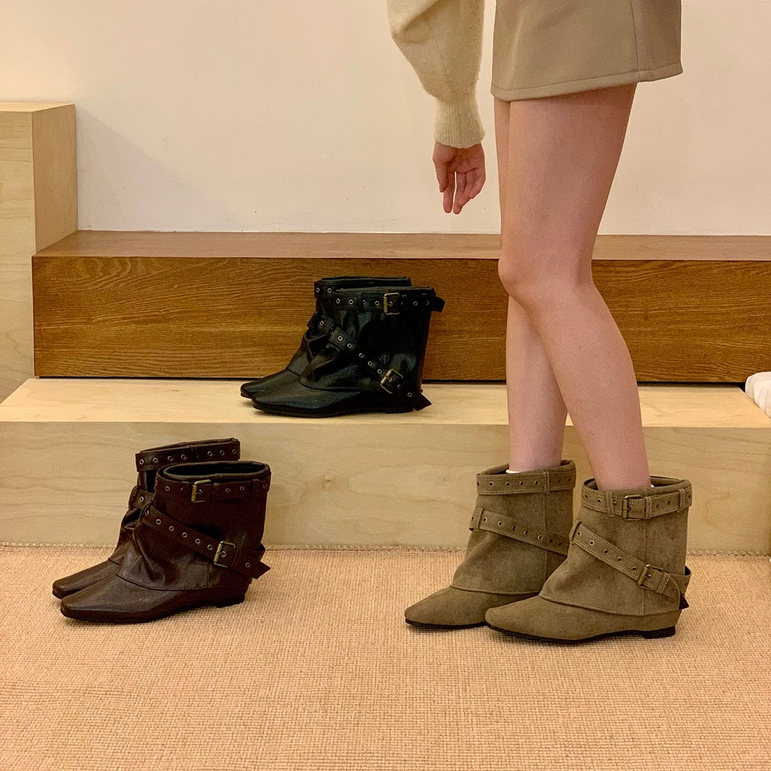 内增高复古辣妹风皮带扣骑士靴女靴子2025秋冬尖头裤管靴瘦瘦短靴