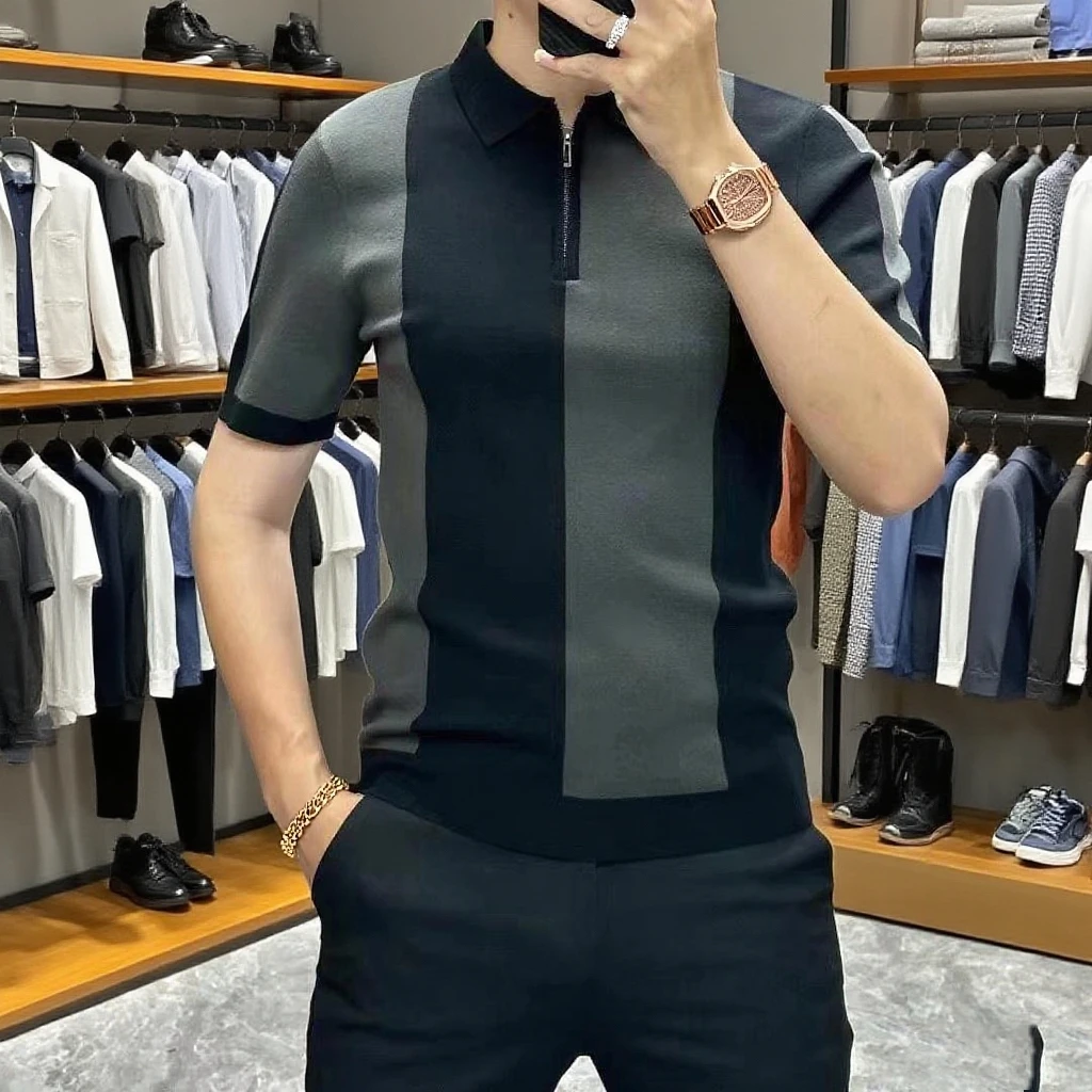 欧货拉链新款男士高档短袖冰丝针织polo衫商务休闲翻领半拉链t恤