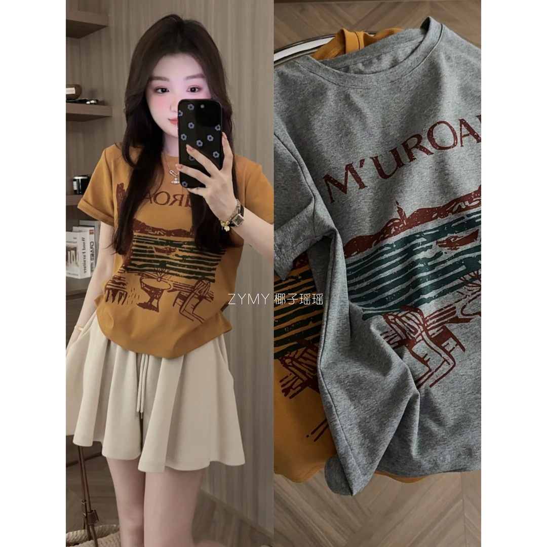 【夏日岛屿】版型很好圆领显白南瓜色印花岛屿正肩显瘦T恤短袖上衣