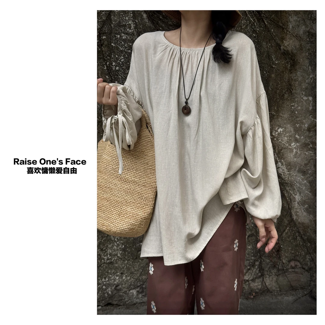 HUI - 【氧气苎麻】6312 超薄慵懒风长袖系带小衫