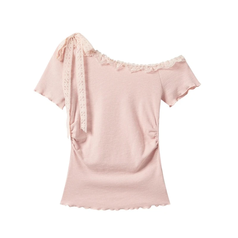 韩系斜肩花边领设计感绑带短袖t恤女2025夏季新款氛围感收腰上衣