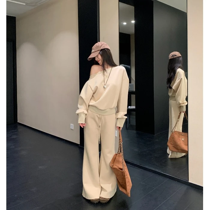 2025秋季新款美式复古宽松两穿斜肩卫衣抽绳微喇休闲裤时尚套装女