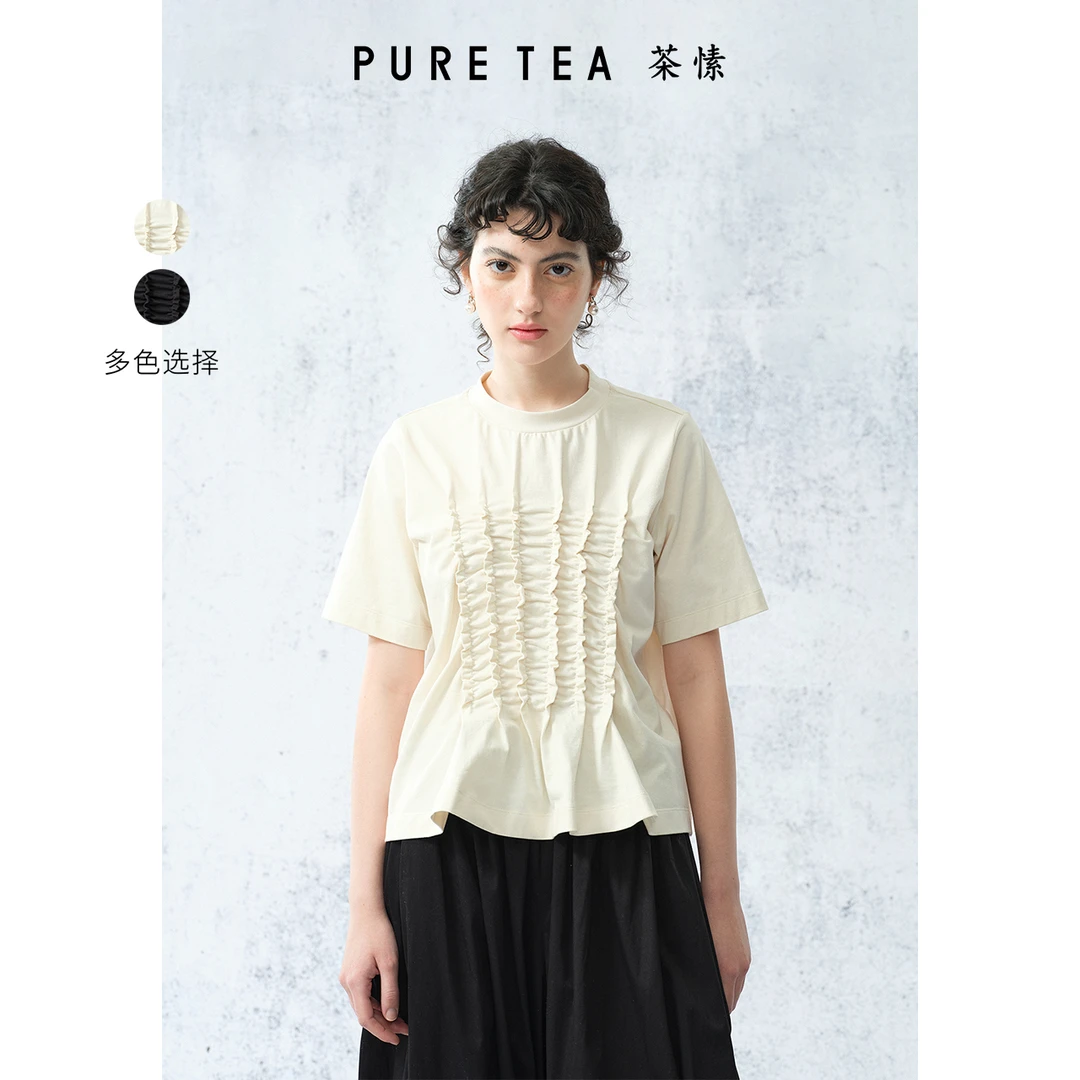 【商场同款】puretea茶愫圆领T恤女缩褶短袖上衣夏新TI0402C21
