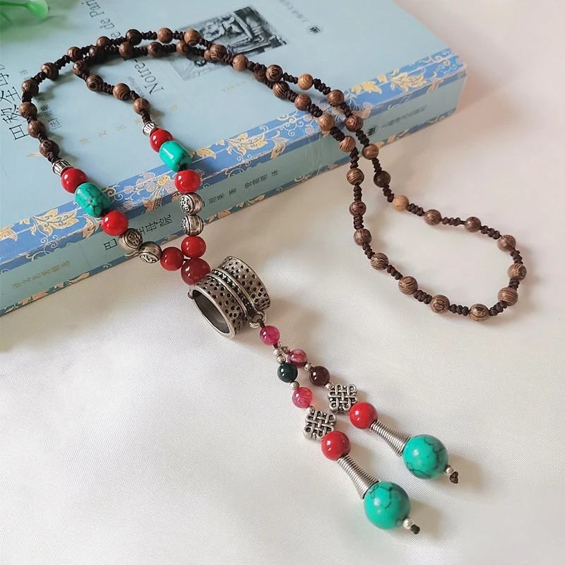 合金木质项链 民族风藏式戒指吊坠复古手工编织棉麻服饰长毛衣链