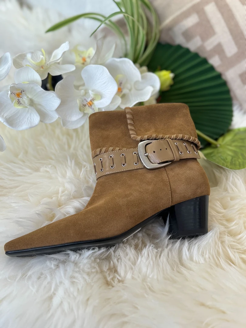 RETICEN 2025年秋季新款中跟粗跟女磨砂皮方头套筒时装靴 0058