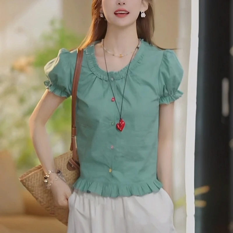 亚麻法式衬衫女士夏季2025新款洋气减龄休闲显瘦设计感木耳边上衣