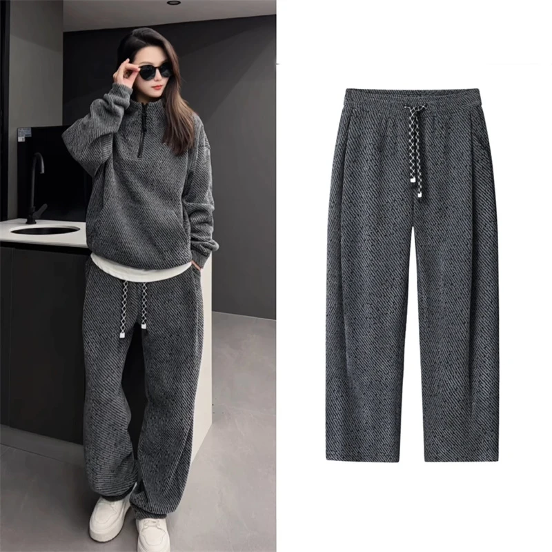 （加绒加厚）高克重冬季松紧腰亮闪闪斜条纹男士长裤休闲裤