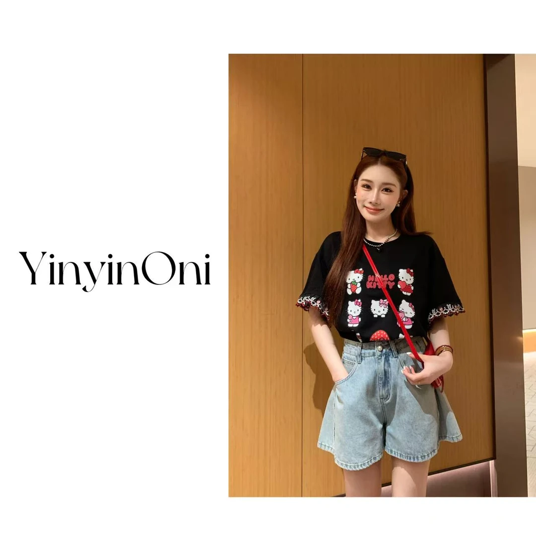 茵茵欧尼（草莓Kitty）花边袖凯蒂猫短袖T恤韩版夏季时尚百搭上衣