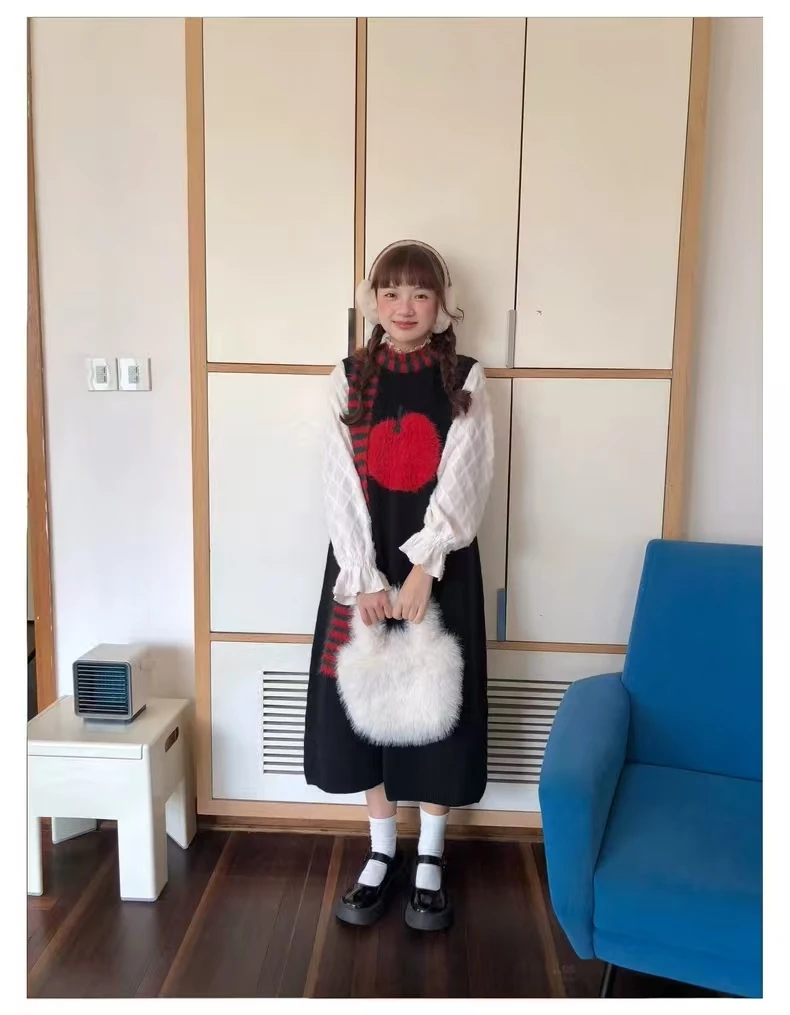 苹果针织背心连衣裙子女甜美小个子无袖中长毛衣裙衬衫两件套2110