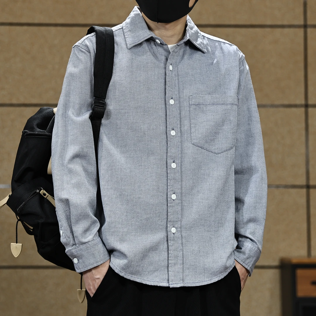 美式复古长袖衬衫男装秋季新款潮牌宽松简约休闲纯棉衬衣外套男款