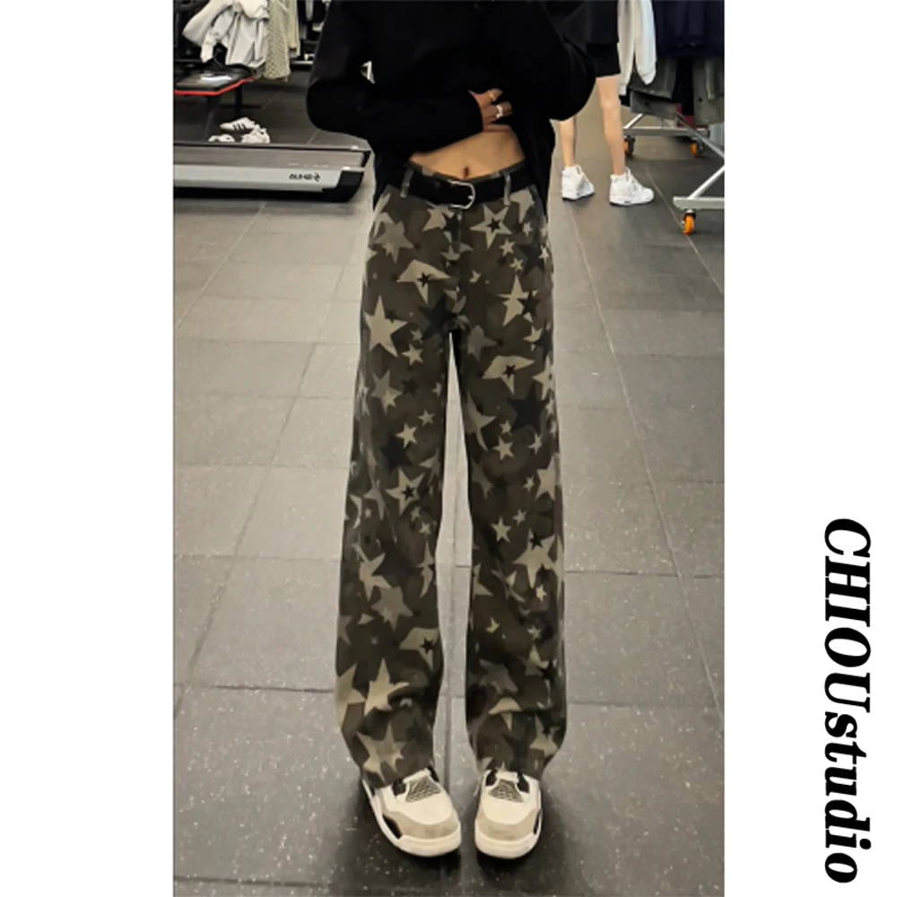美式高街ins满天星迷彩牛仔裤男女同款秋季潮流阔腿直筒休闲裤子