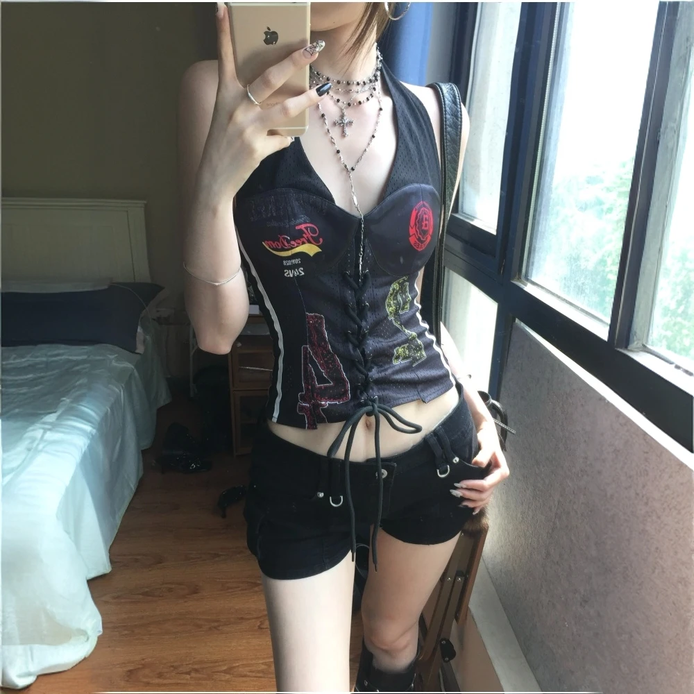 甜辣绑带上衣背心朋克风设计感小众暗黑系修身显瘦挂脖式短款吊带